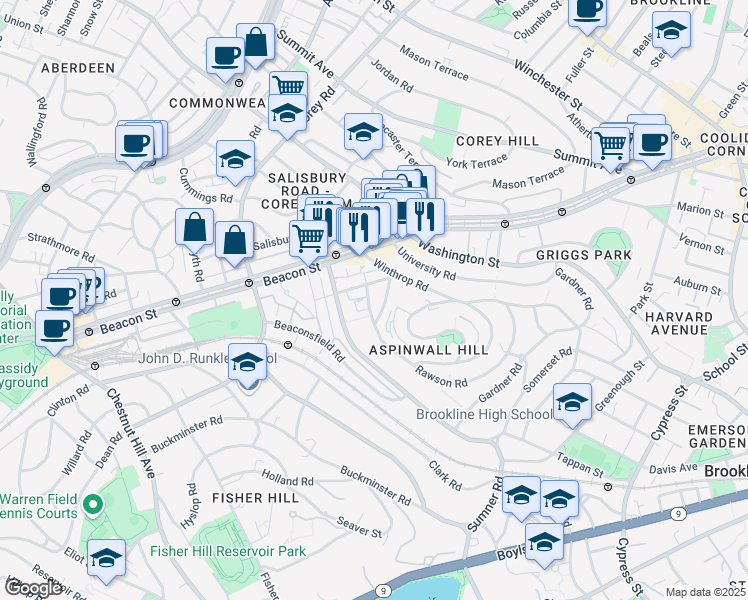 map of restaurants, bars, coffee shops, grocery stores, and more near 231 Rawson Road in Brookline