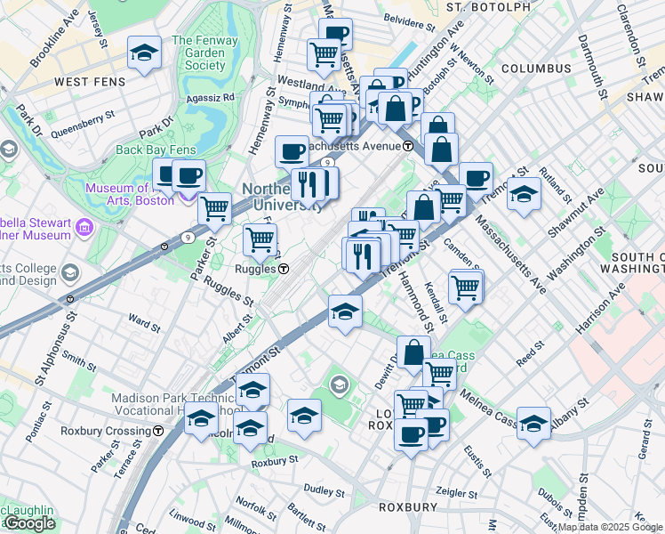 map of restaurants, bars, coffee shops, grocery stores, and more near 815 Columbus Avenue in Boston