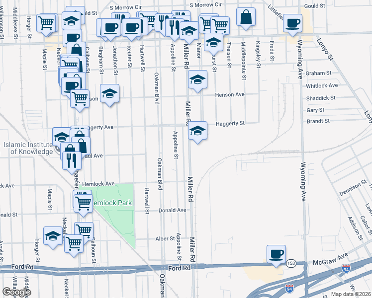 map of restaurants, bars, coffee shops, grocery stores, and more near 6416 Appoline Street in Dearborn