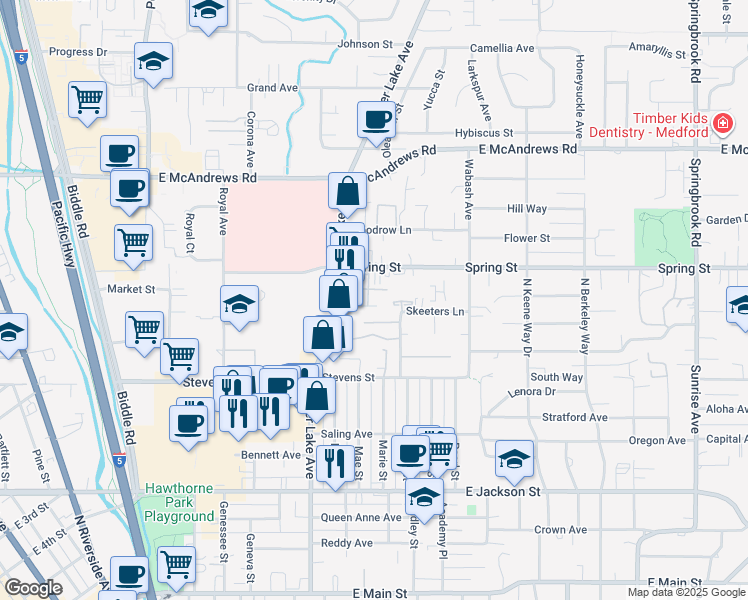 map of restaurants, bars, coffee shops, grocery stores, and more near 1112 Spring Street in Medford