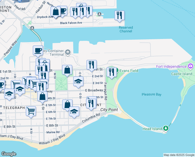 map of restaurants, bars, coffee shops, grocery stores, and more near 902 East 2nd Street in Boston