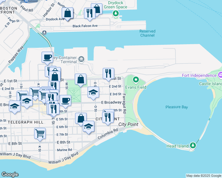 map of restaurants, bars, coffee shops, grocery stores, and more near 902 East 2nd Street in Boston