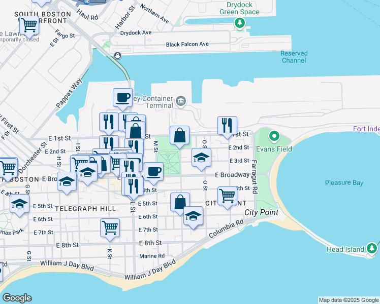 map of restaurants, bars, coffee shops, grocery stores, and more near 40 N Street in Boston