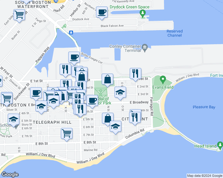 map of restaurants, bars, coffee shops, grocery stores, and more near 40 N Street in Boston