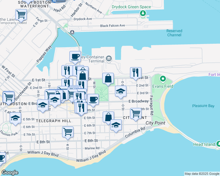 map of restaurants, bars, coffee shops, grocery stores, and more near 40 N Street in Boston