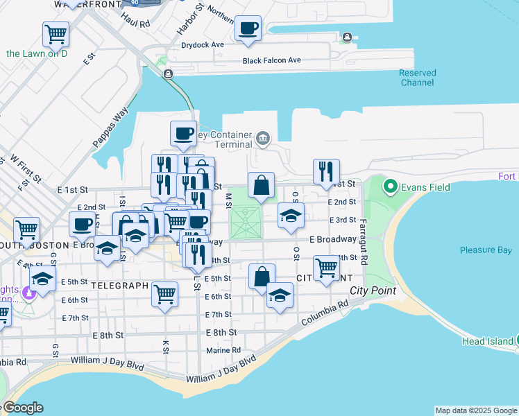 map of restaurants, bars, coffee shops, grocery stores, and more near 40 N Street in Boston