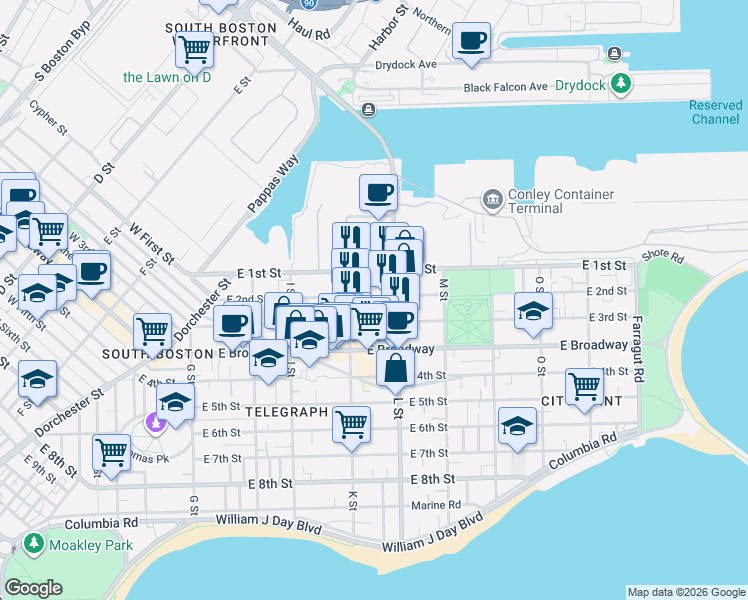 map of restaurants, bars, coffee shops, grocery stores, and more near in Boston