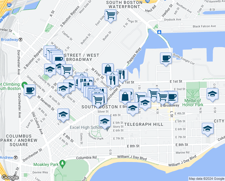 map of restaurants, bars, coffee shops, grocery stores, and more near 103 Dresser Street in Boston