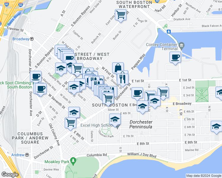 map of restaurants, bars, coffee shops, grocery stores, and more near 263 Bolton Street in Boston