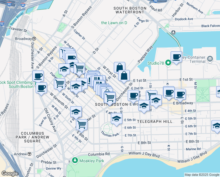 map of restaurants, bars, coffee shops, grocery stores, and more near 263 Bolton Street in Boston