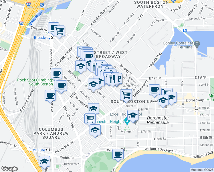 map of restaurants, bars, coffee shops, grocery stores, and more near 383 West Broadway in Boston