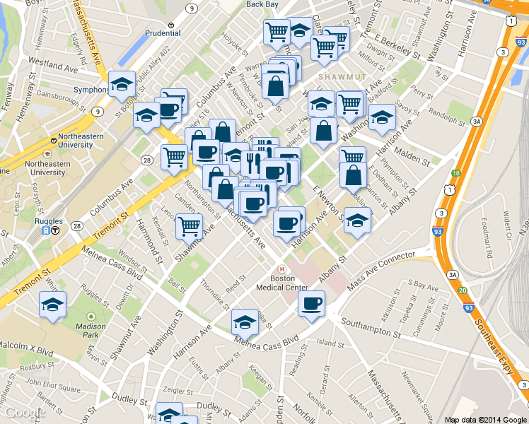 map of restaurants, bars, coffee shops, grocery stores, and more near 1718 Washington Street in Boston