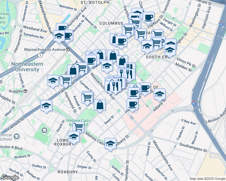 map of restaurants, bars, coffee shops, grocery stores, and more near in Boston