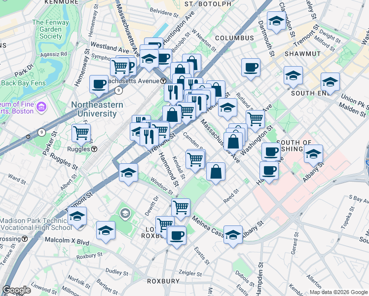 map of restaurants, bars, coffee shops, grocery stores, and more near 91 Lenox Street in Boston