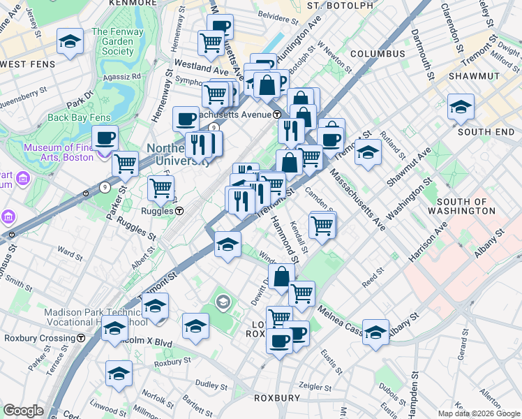 map of restaurants, bars, coffee shops, grocery stores, and more near 724 Columbus Avenue in Boston