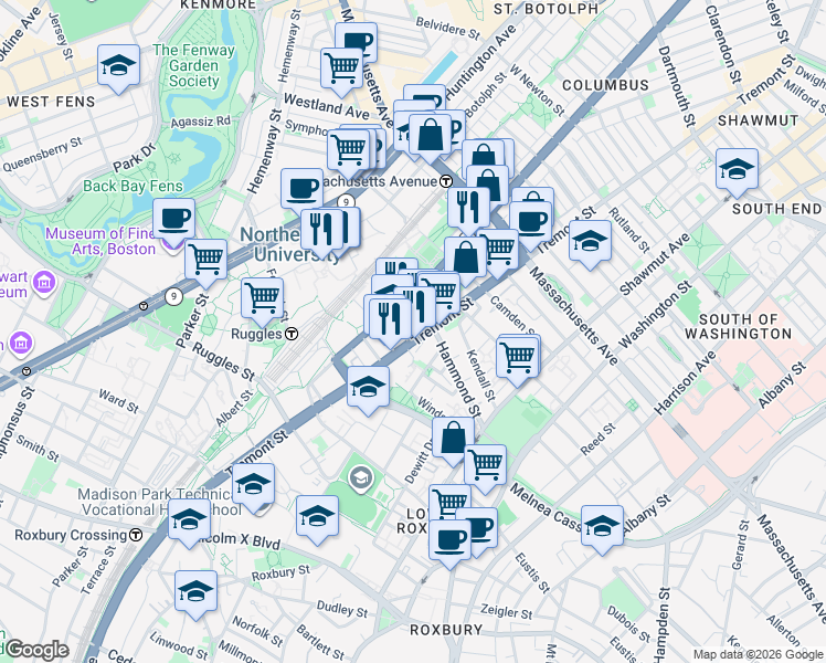 map of restaurants, bars, coffee shops, grocery stores, and more near 724 Columbus Avenue in Boston