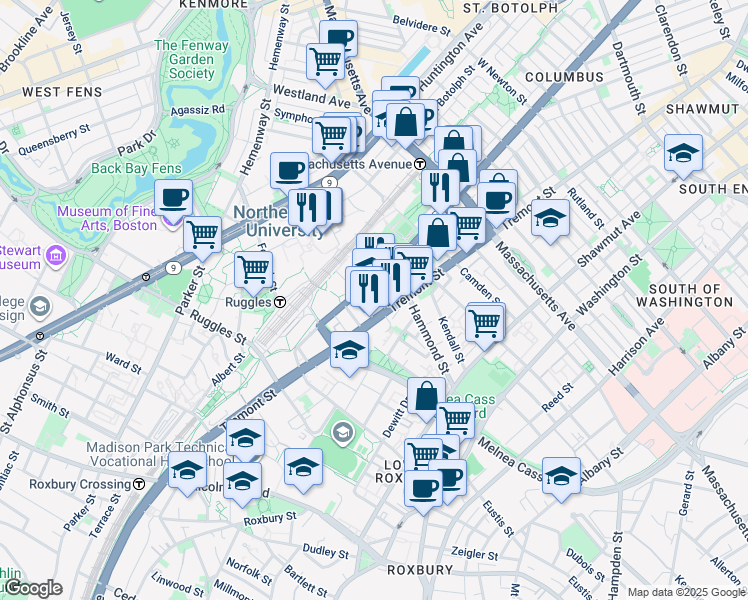 map of restaurants, bars, coffee shops, grocery stores, and more near 724 Columbus Avenue in Boston