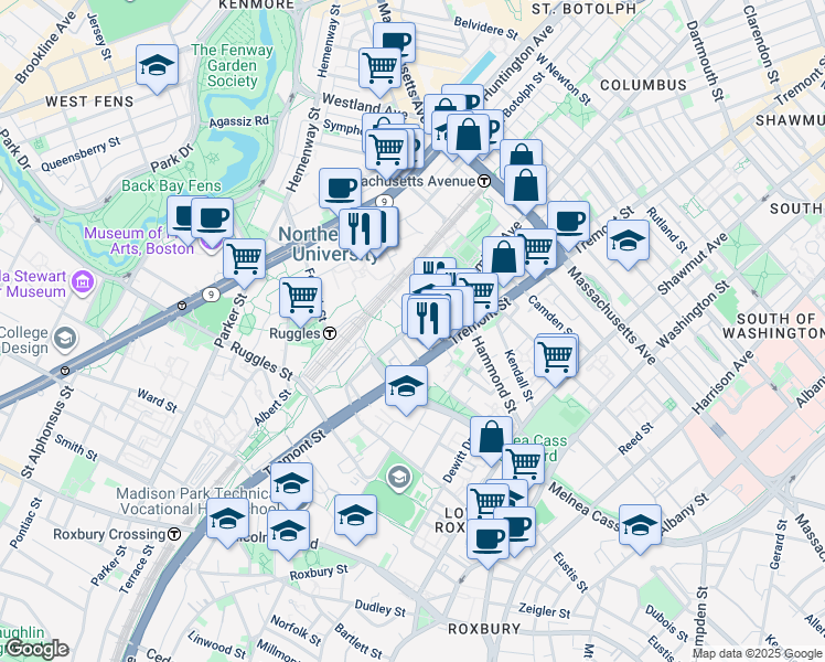 map of restaurants, bars, coffee shops, grocery stores, and more near in Boston
