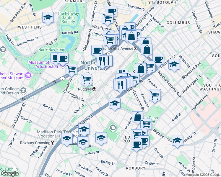 map of restaurants, bars, coffee shops, grocery stores, and more near in Boston