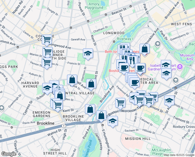 map of restaurants, bars, coffee shops, grocery stores, and more near 197 Kent Street in Brookline