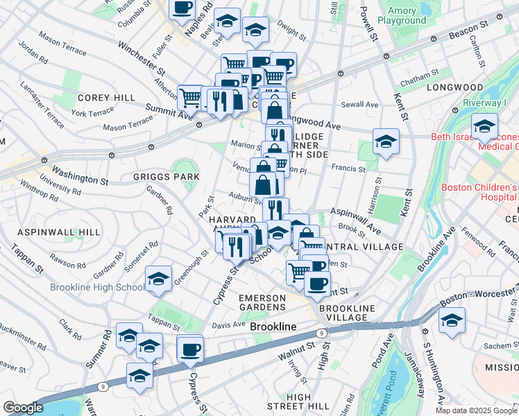 map of restaurants, bars, coffee shops, grocery stores, and more near 2 Washburn Place in Brookline