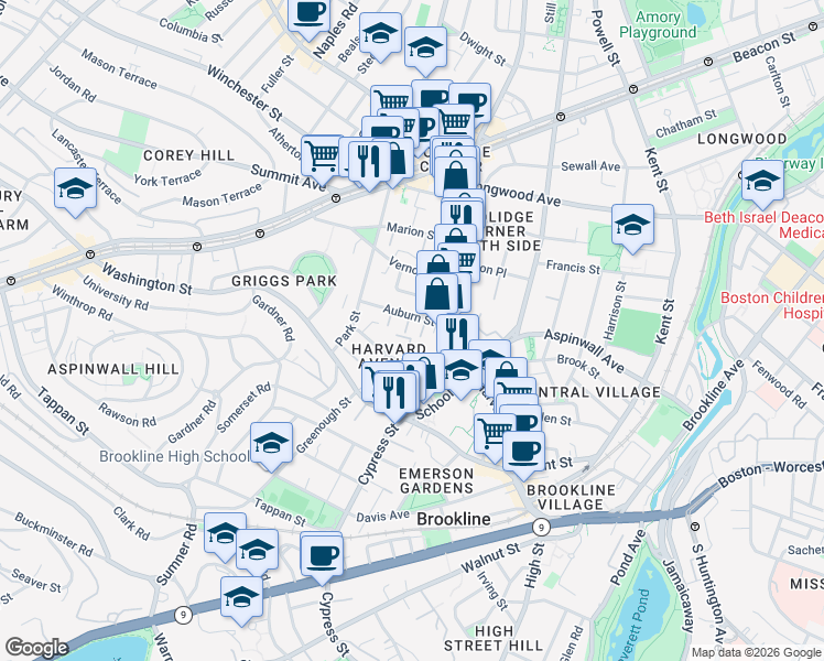 map of restaurants, bars, coffee shops, grocery stores, and more near 2 Washburn Place in Brookline