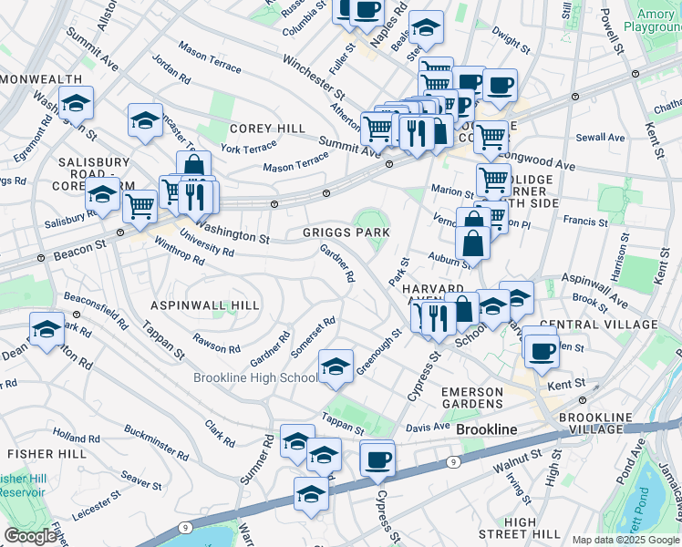 map of restaurants, bars, coffee shops, grocery stores, and more near 25 Gardner Road in Brookline