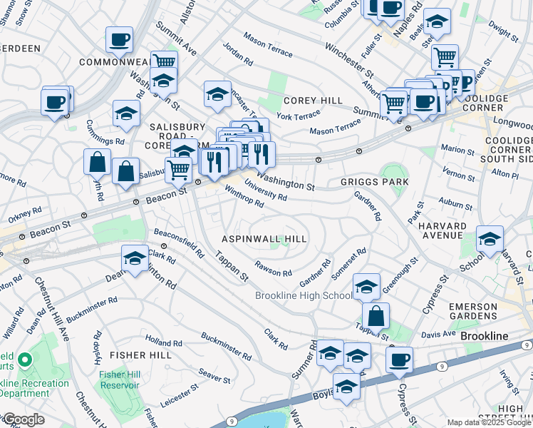 map of restaurants, bars, coffee shops, grocery stores, and more near 148 Winthrop Road in Brookline