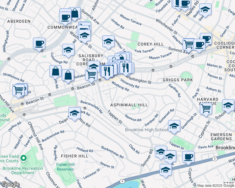 map of restaurants, bars, coffee shops, grocery stores, and more near 10 Claflin Road in Brookline