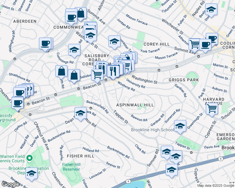 map of restaurants, bars, coffee shops, grocery stores, and more near 38 Garrison Road in Brookline