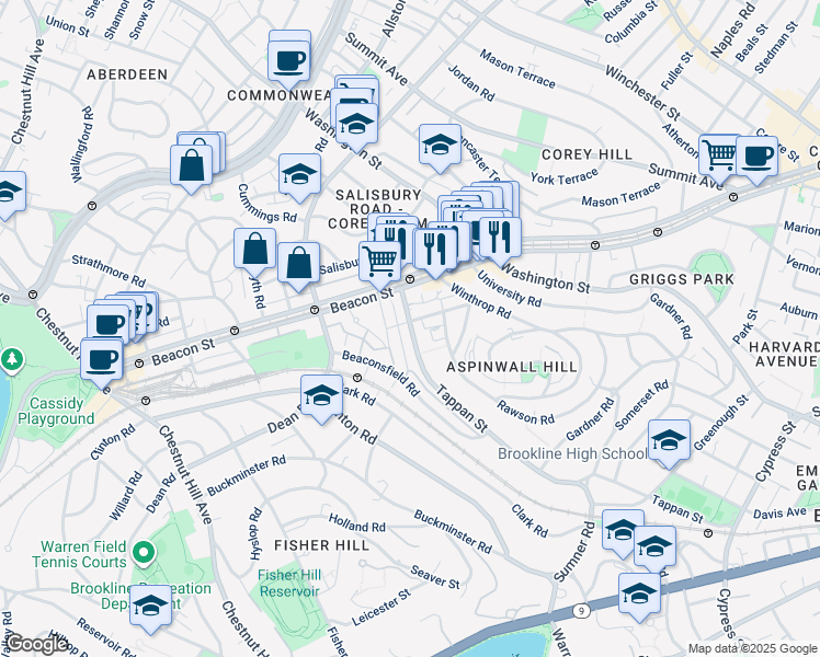 map of restaurants, bars, coffee shops, grocery stores, and more near in Brookline