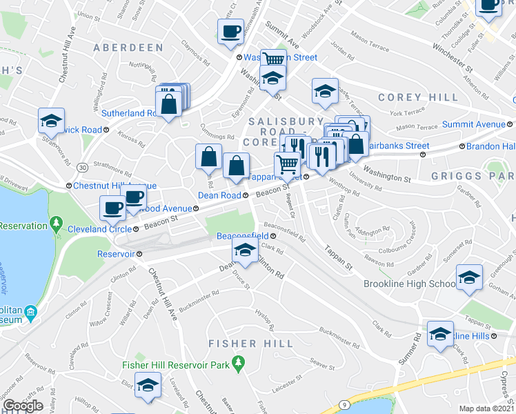 map of restaurants, bars, coffee shops, grocery stores, and more near 1763 Beacon Street in Brookline