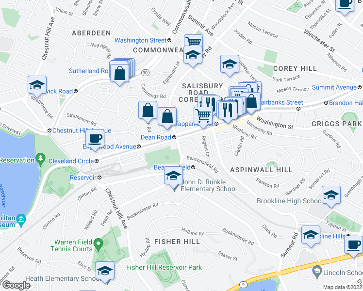 map of restaurants, bars, coffee shops, grocery stores, and more near 1763 Beacon Street in Brookline