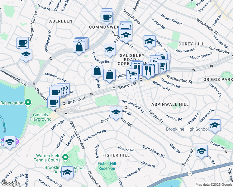 map of restaurants, bars, coffee shops, grocery stores, and more near 1763 Beacon Street in Brookline