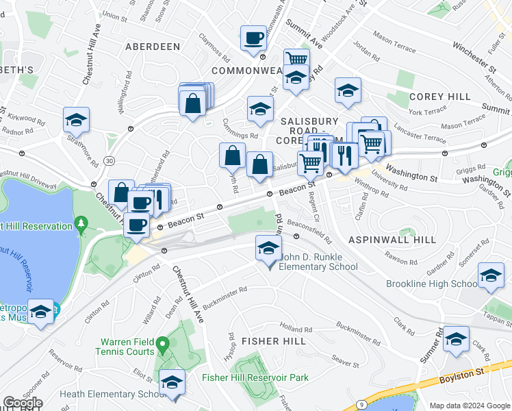 map of restaurants, bars, coffee shops, grocery stores, and more near 1804 Beacon Street in Brookline