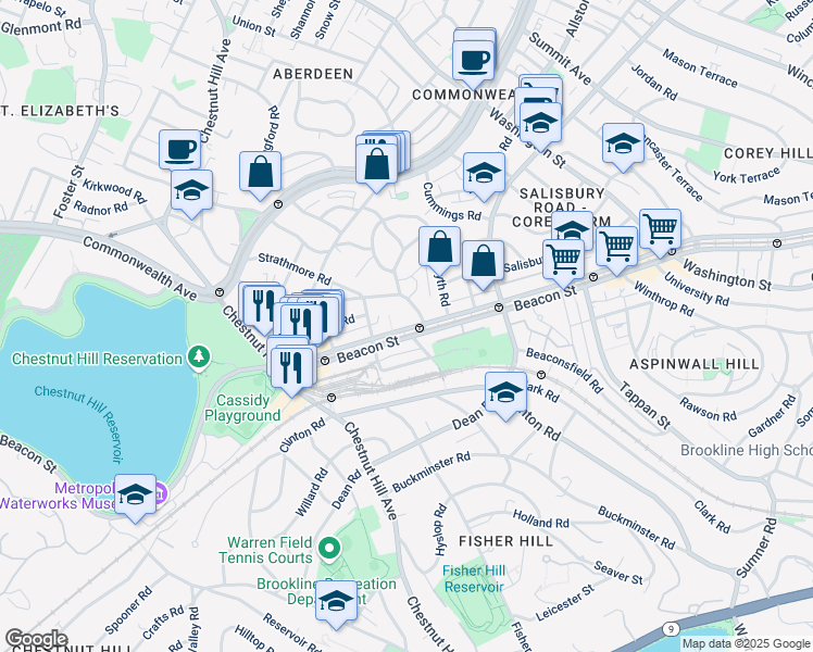 map of restaurants, bars, coffee shops, grocery stores, and more near 1 Reservoir Court in Brookline