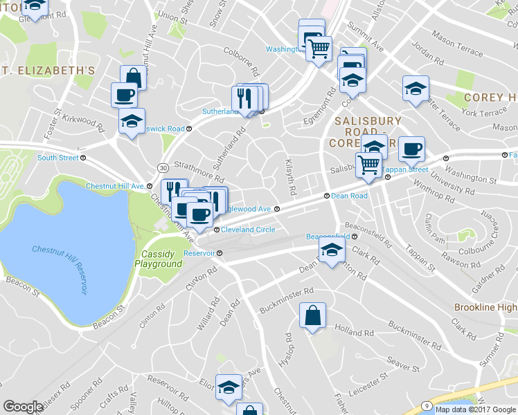 map of restaurants, bars, coffee shops, grocery stores, and more near 1 Reservoir Court in Brookline