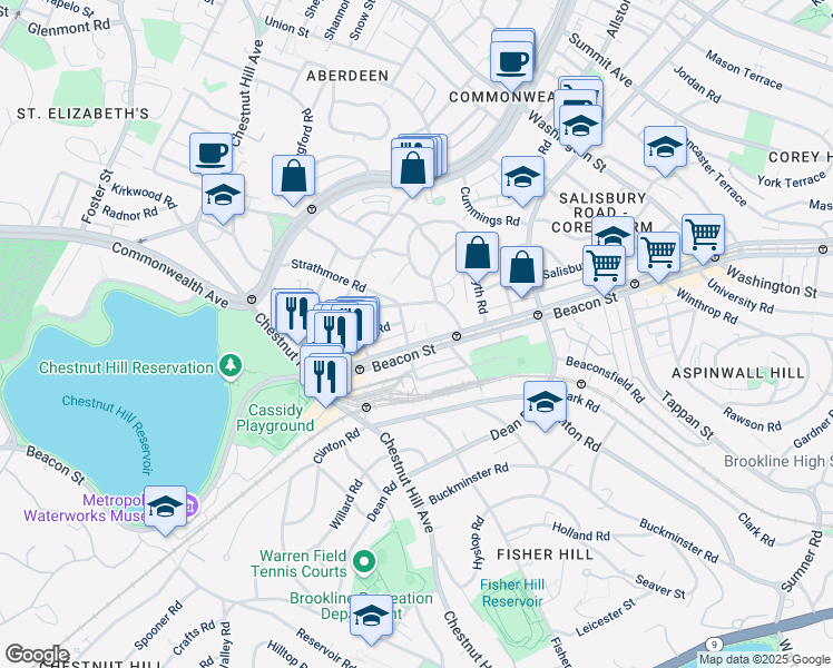 map of restaurants, bars, coffee shops, grocery stores, and more near 6 Reservoir Court in Brookline
