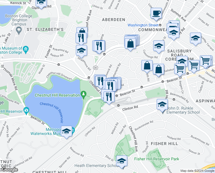map of restaurants, bars, coffee shops, grocery stores, and more near 4 Chiswick Road in Boston