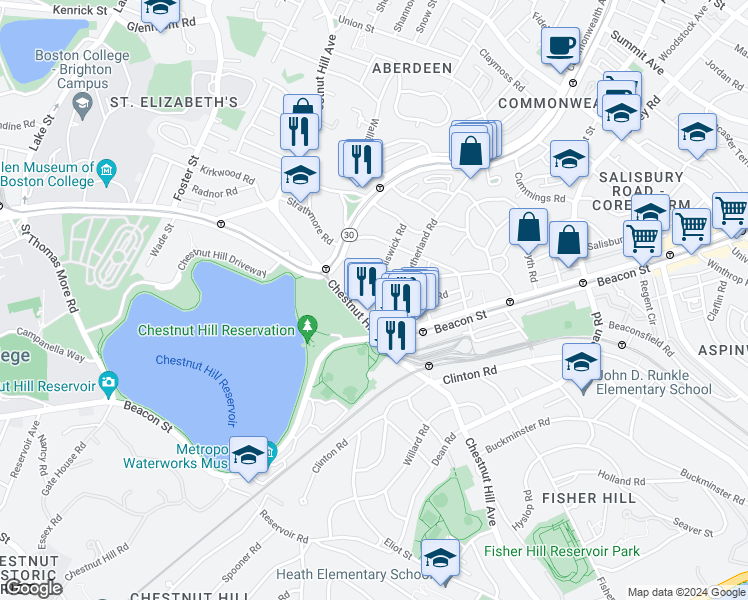 map of restaurants, bars, coffee shops, grocery stores, and more near 4 Chiswick Road in Boston