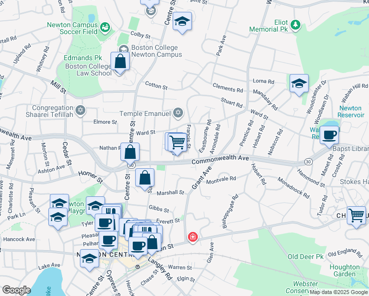 map of restaurants, bars, coffee shops, grocery stores, and more near 12 Garner Street in Newton