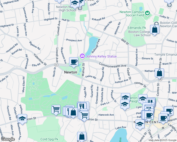 map of restaurants, bars, coffee shops, grocery stores, and more near 696 Walnut Street in Newton