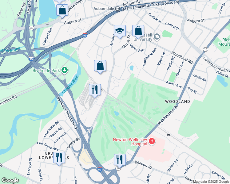 map of restaurants, bars, coffee shops, grocery stores, and more near 282 Grove Street in Newton