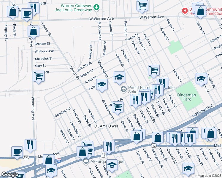 map of restaurants, bars, coffee shops, grocery stores, and more near 5915 Lumley Street in Detroit