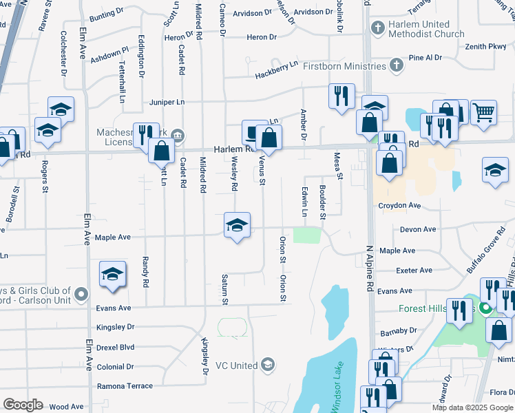map of restaurants, bars, coffee shops, grocery stores, and more near 7804 Venus Street in Loves Park