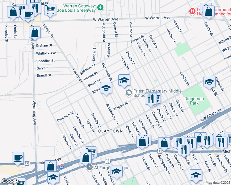 map of restaurants, bars, coffee shops, grocery stores, and more near 5915 Lumley Street in Detroit