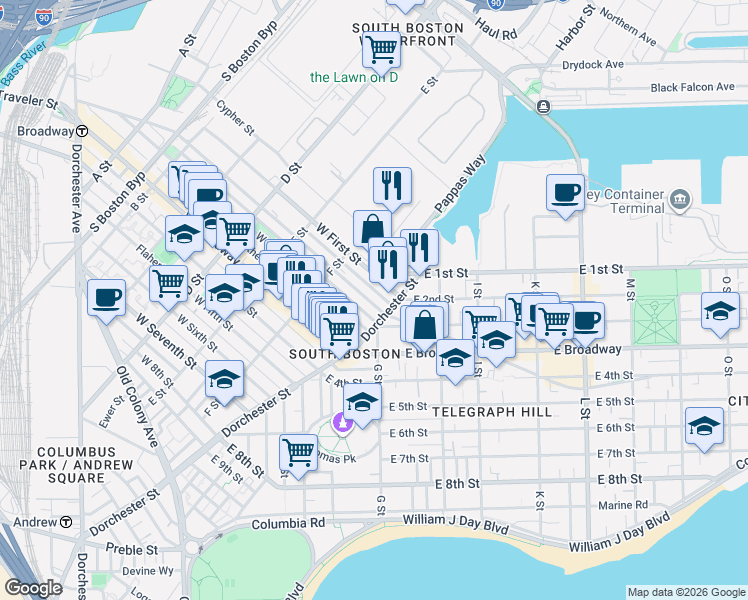map of restaurants, bars, coffee shops, grocery stores, and more near 103 Dresser Street in Boston