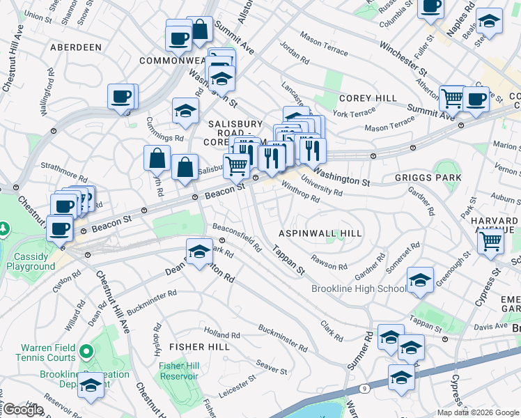 map of restaurants, bars, coffee shops, grocery stores, and more near 38 Garrison Road in Brookline