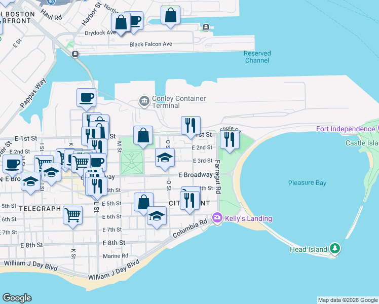 map of restaurants, bars, coffee shops, grocery stores, and more near 880 East 2nd Street in Boston