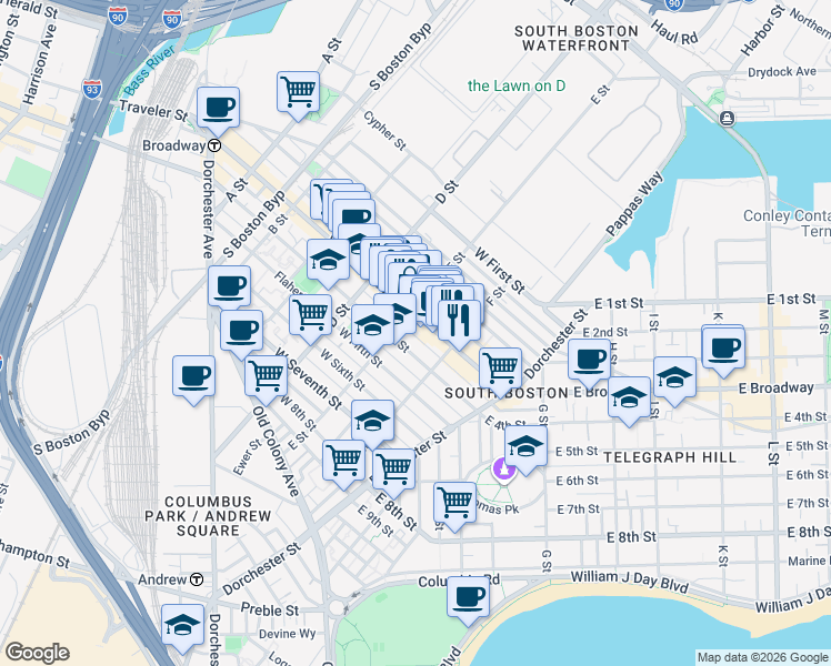 map of restaurants, bars, coffee shops, grocery stores, and more near in Boston